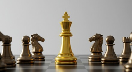 Golden chess king glowing among neutral pieces, symbol of vision, white background