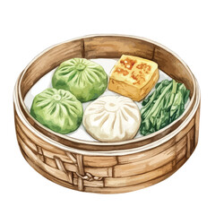 Steaming bamboo basket filled with colorful dumplings tofu and green vegetables