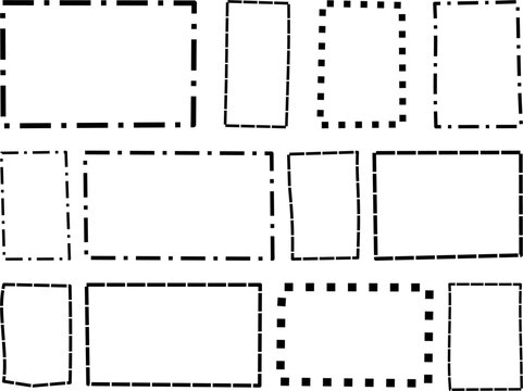 Set of irregular dashed and dotted rectangle vector frames, ideal for abstract layouts, modern design elements, and creative digital borders in web or graphic interfaces.

