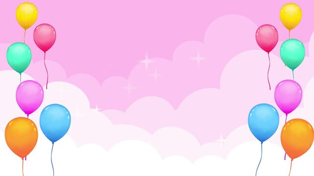 お祝い　イベント　ループ動画　バルーン　枠　おしゃれ　ポップ　キラキラ　ファンタジー　キャンペーン　フェス　Background of balloons and pink clouds,party or celebrations.Loop video.