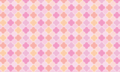 線が入ったカラフルな四つ葉のシンボルが並ぶピンクの壁紙