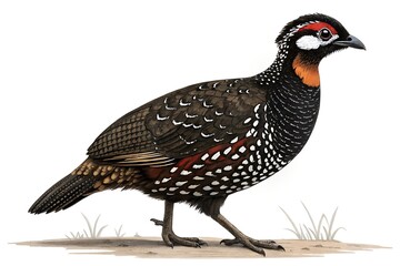 A beautiful male pheasant with vibrant red and black feathers is isolated against a white background