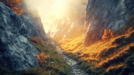 Naklejka premium A sunlit mountain path through rocky terrain.