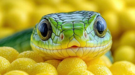 Fototapeta premium Close-up of a vibrant green snake's head amidst yellow spheres.