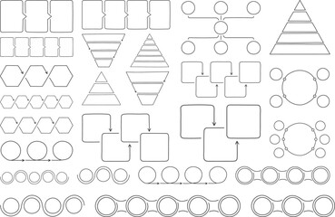 Vector set of infographic diagram templates with circular, pyramid, hexagon, and flowchart shapes for business presentation, process visualization, and data organization.

