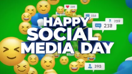 Happy social media day emoji message like heart digital celebration with floating emoji, joyful communication, cheerful online - Powered by Adobe