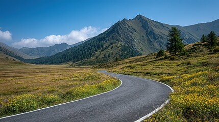 Fototapeta premium Winding road through a mountain valley filled with wildflowers.