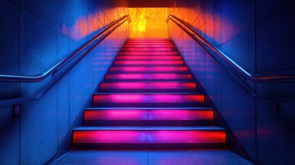 Neon-lit stairway leading to a bright, warm-toned hallway.