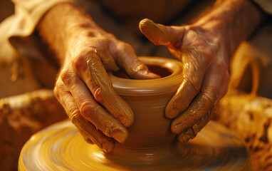 Potter's fingers shaping clay vessel on wheel. Ceramic art concept.  
