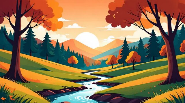 Stream winding through hills under sunset sky, autumn trees frame the scene