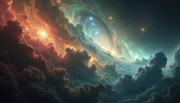 Bright swirls of orange, blue, and green intermingle in a vast expanse filled with stars. A spiraling galaxy glimmers amid clouds of cosmic dust in the night skies