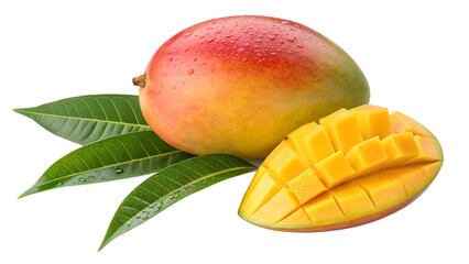 Fresh and Juicy Mango Still Life with Whole Fruit Sliced Half and Green Leaves on a Black Background for Food Photography