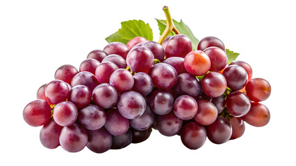 A vibrant bunch of red grapes with green leaves isolated on a black background showcasing their freshness and natural beauty in high detail