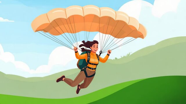Smiling woman skydiving with parachute over green hills, blue sky