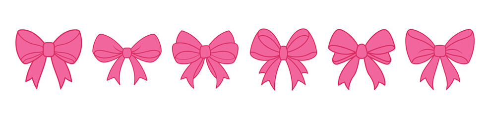 Set of pink  bow ribbon. Set, collection of cute bows for girls. Cute coquette bow collection vector, romantic ribbon bow