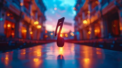 Floating musical note on a glowing street with blurred city lights
