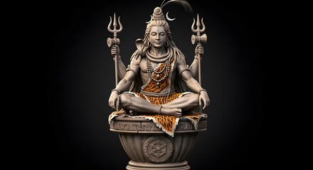 3D Render of Lord Shiva  A Majestic Digital Sculpture Depicting the Hindu Deity in a Meditative Pose, Adorned with Traditional Attributes like Trishul and Damaru