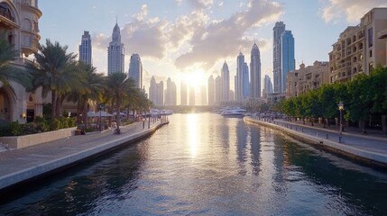 Fototapeta premium Serene Sunset Over Modern Skyline with Calm Water and Palm Trees