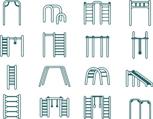 Playground Equipment Set in Teal Outline Icon Style with White Background, Play Structures