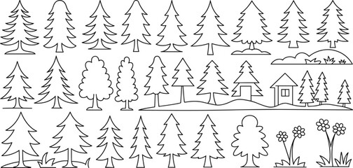 "Black and white hand-drawn nature line art with pine trees, bushes, flowers, and small house illustration outline design"

 flat vector illustration