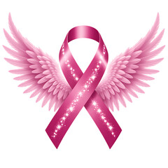 Pink Awareness Ribbon with Angel Wings and Sparkles Representing Hope and Tribute