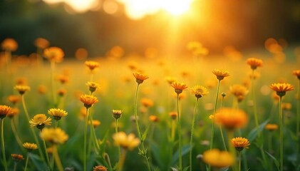 Fototapeta premium Golden hour sunlight bathes a field of wildflowers in a soft, dreamy yellow light Perfect for spring, summer, or nature themes Ideal for backgrounds or textures , warm light, beautiful