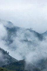 Fototapeta premium Landscape of Morning Mist with Mountain Layer. mountain ridge and clouds in rural jungle bush forest