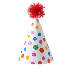 Colorful polka dot party hat with red pompom