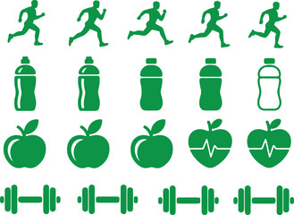 Green Runner, Water Bottle, Apple, Dumbbell Icons on Transparent Background
