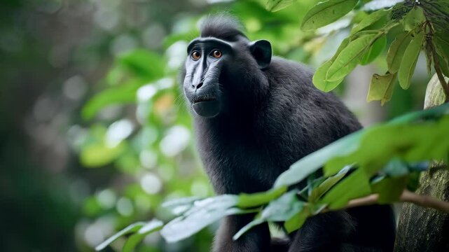 Surprised ape among green foliage, wildlife scene with dark primate with open mouth amidst tropical plants, animal closeup portrait