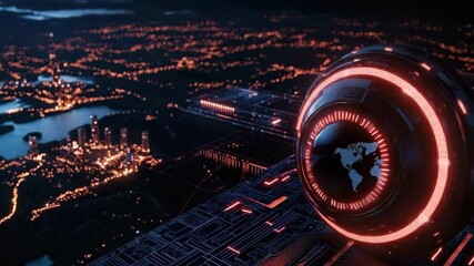 A futuristic digital globe interface displays a world map above a glowing cityscape at night, symbolizing global connectivity and technology. - Powered by Adobe