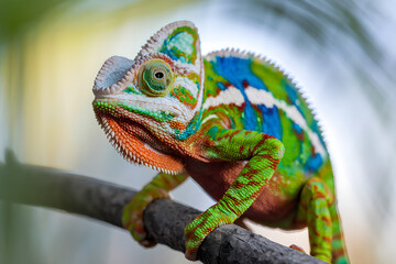Obraz premium Vibrant Chameleon on Branch, Close Up