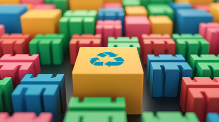 Obraz premium Colorful blocks, with a yellow block featuring a blue recycling symbol in the center, represent sustainability and organization.