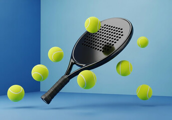 Floating padel racket surrounded by yellow padel balls represents the joy and energy of the sport in a vibrant blue setting