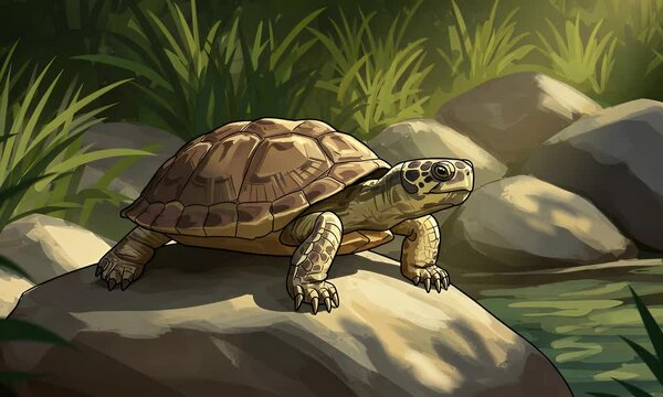 Cartoon turtle basking on a rock among greenery