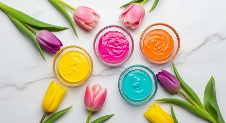 A vibrant flat-lay of colorful frosting in bowls, surrounded by matching fresh tulips on a marble surface.
