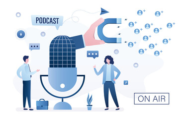 People talking in giant mic. Blogger or radio station attract new followers and subscribers. Radio host at workplace. Podcaster talking with guest.