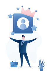 Premium, priority and VIP member accounts. Exclusive and special. Businessman holding big account symbol with crown and stars. VIP male character. First or premium class.