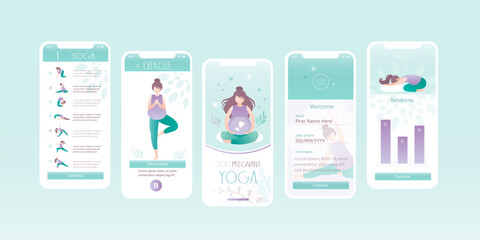 Yoga courses, gymnastics classes for pregnant. Set of vertical pages for mobile app or web banners, template. Pregnant women doing physical exercises, practicing yoga.