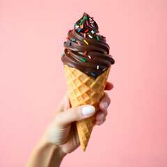 close up of a hand holding a chocolate ice cream cone on a pink background with copy space
