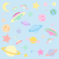 Colorful Space Motif Pattern on Pastel Blue Background