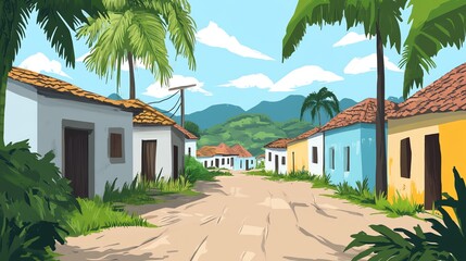 panama village landscape with colorful houses and tropical greenery in cartoon background layer