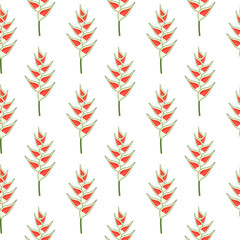 Seamless floral pattern for fabric and textile. Red heliconia flowers on white background. Tropical print for packaging and wrapping paper. Summer ornament for gift bag.
