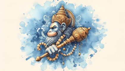watercolour illustration, Portrait of lord Hanuman in blue theme. Lord Hanuman in a soft, peaceful avatar. Hanuman Jayanti creative. 