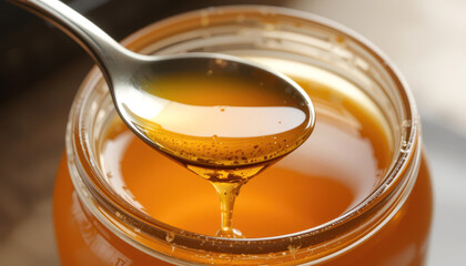 Close-up of Golden Honey Dripping from Spoon into Glass Jar
