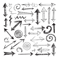 A vector illustration of a hand-drawn arrow set with doodle sketch icons for design elements and business direction symbols