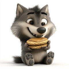 A cartoon wolf is eating a sandwich