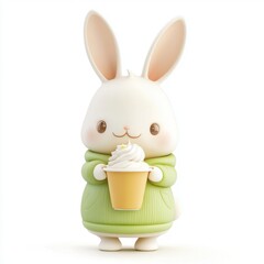 A cute rabbit holding a cup of frosting