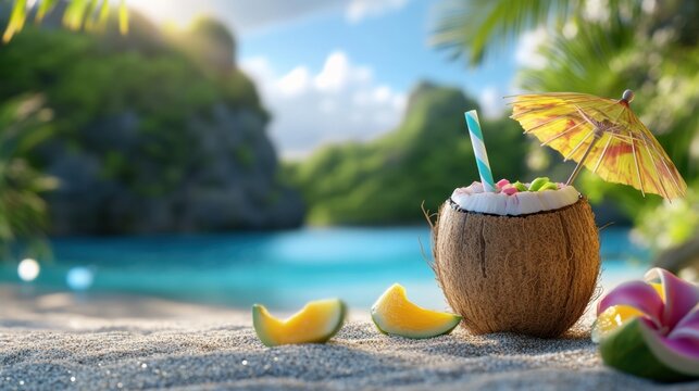 Island-style coconut refreshment with mini umbrella and chill beach ambiance