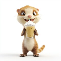 A cartoon animal holding a cup of coffee with whipped cream